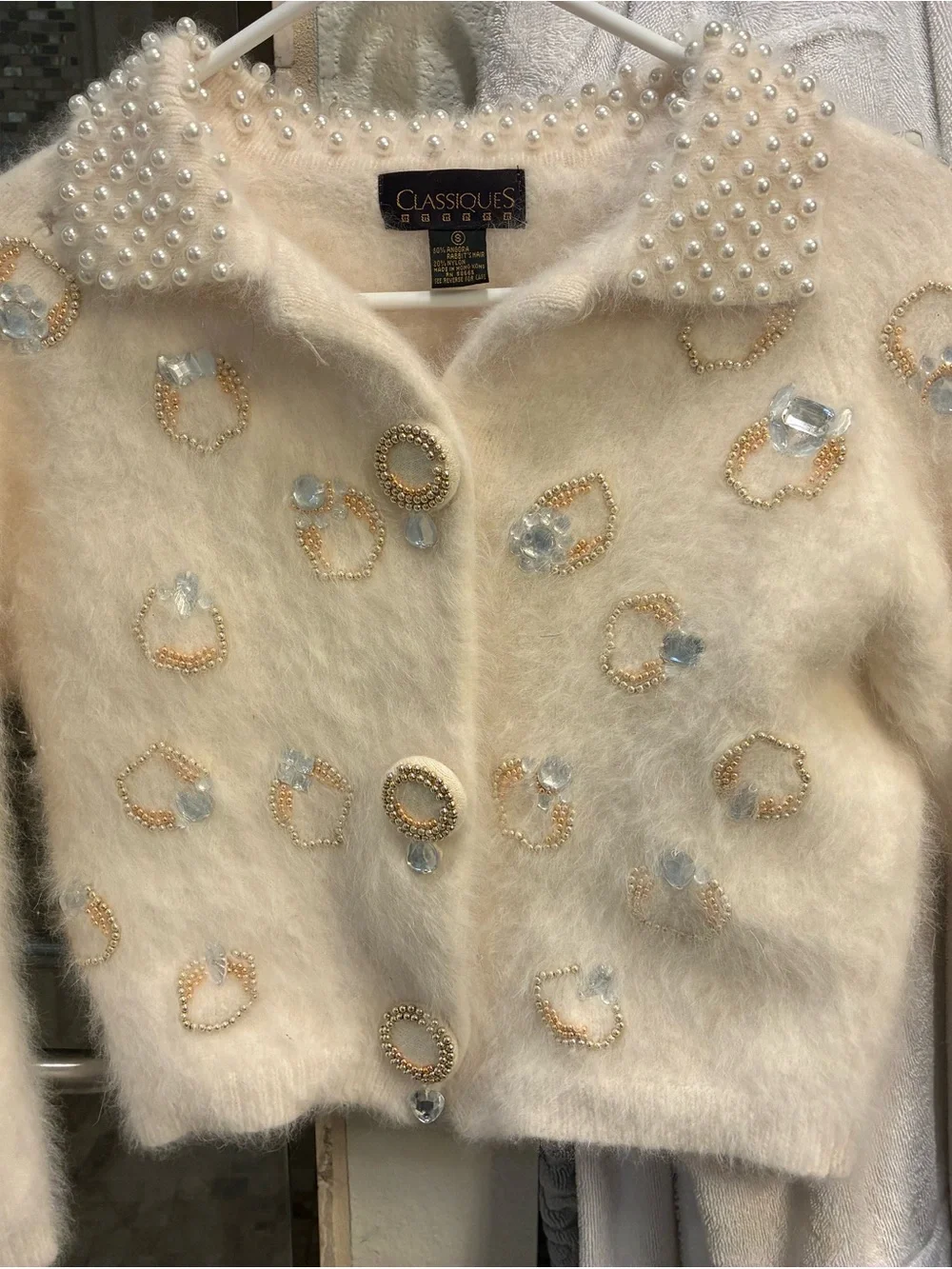 Classiques Entier Pearl-Collar Ivory Teddy Jacket with Crystal Accents retro